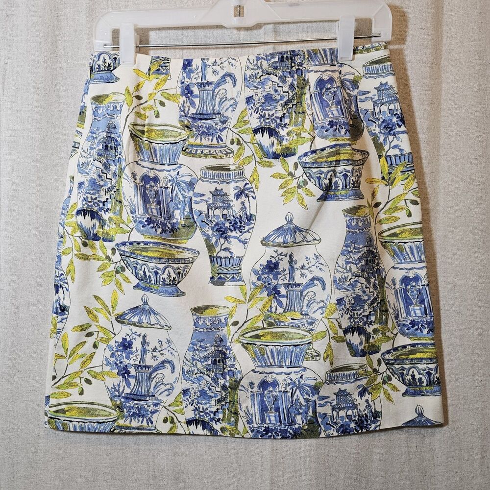 Talbots Mini Skirt Watercolor Chinoiserie Blue White Green Lined Women's Size 4 - Picture 6 of 9